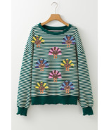Green Stripe Turkey Pattern Drop Shoulder Pullover Top - $34.05 CAD