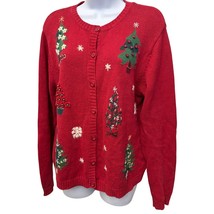 VTG Christmas Sweater Womens M 10 12 Cardigan Cozy Cabin Tree Embroidere... - $36.09