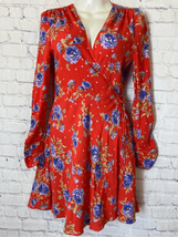 Zara Womens Small Wrap Dress Red Floral Ruched Sleeves Lined Cruise Wear... - $34.64