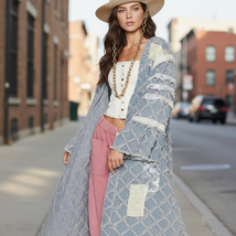 POL Premium Womens Small Blue Denim Long Duster Lace Patchwork Boho Over... - $123.49