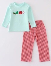 NEW Boutique Christmas Farm Shirt &amp; Plaid Pants Boys Girls Outfit Set - £13.50 GBP