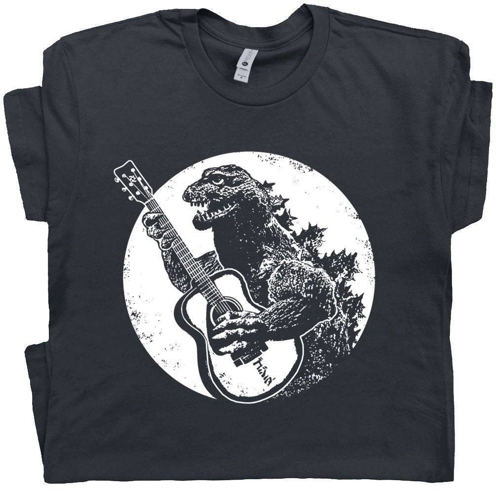 Godzilla Guitar T Shirt Cool Vintage Shirts Dinosaur Playing Acoustic Graphic
