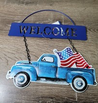 Patriotic Metal Blue Pickup Truck W/ Usa Flag Welcome Sign Wall Door - £12.43 GBP