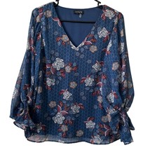 1 State Blouse Medium Floral Blue Red Tan White Polyester V Neck Lined - £9.34 GBP