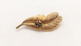 Gold Tone Faux Jade Leaf Feather Brooch Pin Vintage Green Lapel  - £6.76 GBP