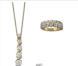 Diamond Accent Pendant Bracelet & Ring Set 16K Gold/Silver Size Size 6-10 2-Tone - £44.81 GBP