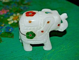 Vintage Hand Carved  Marble Elephant Statue, Malachite, Carnelian Inlay - £20.44 GBP