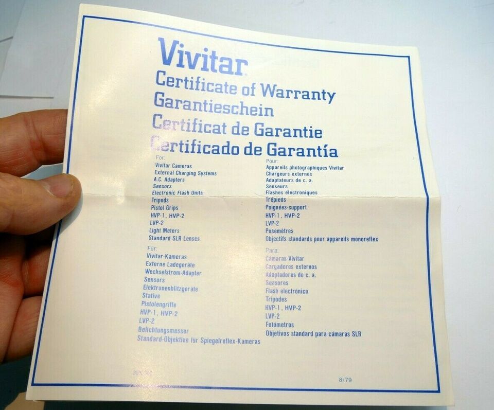 Vivitar Certificate of Warranty card vintage 1970&#39;s - $7.80