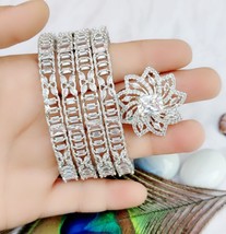 Indian Silver Plated Bangle Bracelet Ring Size 2.4, 2.6, 2.8 CZ Jewelry Set - £68.32 GBP