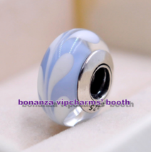 925 Silver Handmade Moments Sky Blue &amp; White Swirly Swirl Murano Glass C... - €4,31 EUR