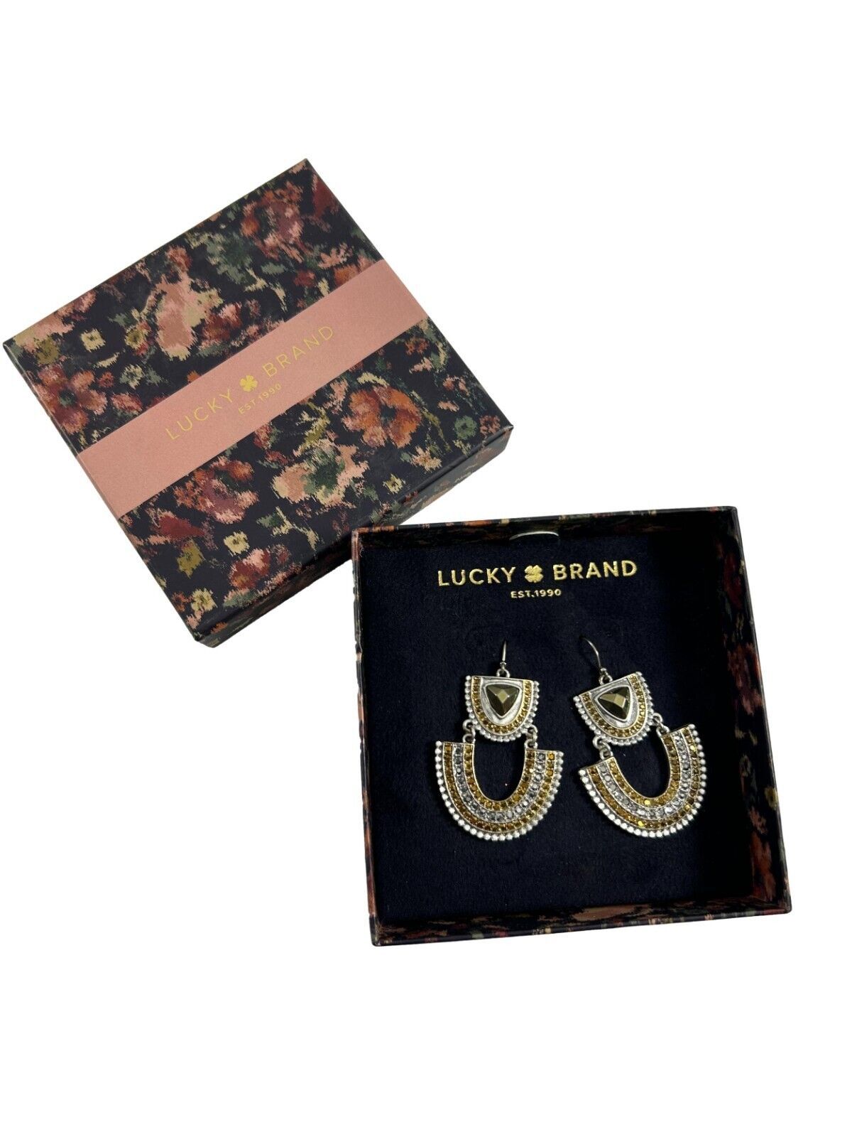 Lucky Brand Dangle Earrings Drop Statement Silver Tone Ornate Fan Shape 2 Tier  - $24.75