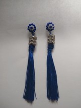 Royal Blue Pierced Tassel Drop Earrings w/ Glass Czech Beading with Rhinestones - £20.15 GBP