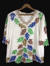 Beaded Top Size XL / 1X Vintage Evening Wear Shirt Blouse White Blue Cop... - $63.22 CAD