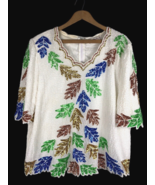 Beaded Top Size XL / 1X Vintage Evening Wear Shirt Blouse White Blue Cop... - $46.39