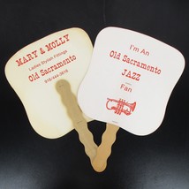 2 Vtg Jazz Fest Trumpet Hand Paddle Fan Old Sacramento Ladies Fashion Pa... - $16.81
