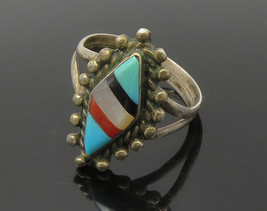 ZUNI 925 Silver - Vintage Turquoise &amp; Multi-Stone Cocktail Ring Sz 6.5 - RG15274 - £53.06 GBP