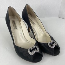 Benjamin Adams Womens Peep Toe Pump Shoes Sz 9 Black Satin Rhinestone 3.5&quot; Heel - $29.70