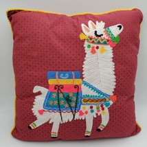 Karma Living Embroidered Llama Pillow Red Colorful 17&quot; Crewel Applique - $49.47