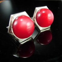 Unusual Cufflinks Vintage Cranberry Red moonglow Cuff link Silver mens formal we - £59.95 GBP