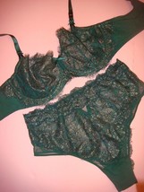 Victoria&#39;s Secret unlined 34D,36C BRA SET M,L Panty emerald GREEN GOLD lace - £55.31 GBP