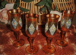 4 Murano Glass  Cordial Wine Glass  Handpainted raised  Floral design Gold Gilt - $38.99