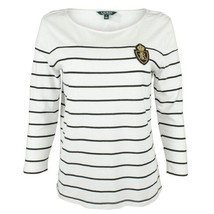 Lauren Ralph Lauren Petite Crest Striped Jersey Top – White PXS - $34.65