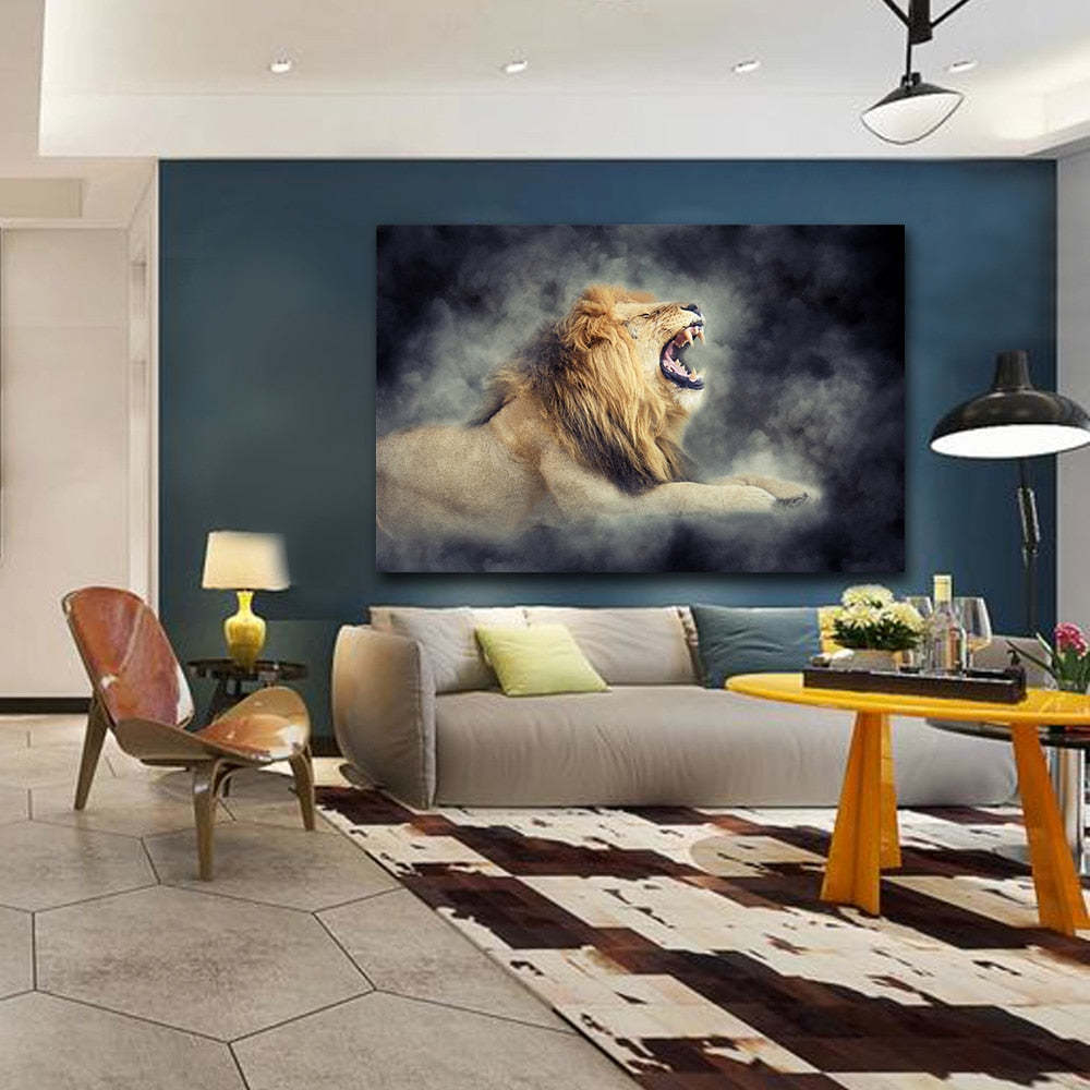 Male Lion In Smoke Cool Wall Art Living Room FRAME AVAILABLE HQ Canvas Print Item image 2