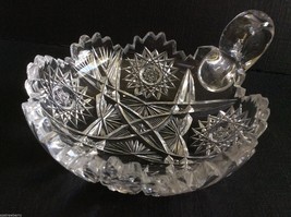 VTG AMERICAN BRILLIANT CLEAR CRYSTAL CUT GLASS HANDLED NAPPY DISH 6&quot; - £64.89 GBP