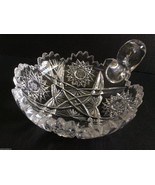 VTG AMERICAN BRILLIANT CLEAR CRYSTAL CUT GLASS HANDLED NAPPY DISH 6&quot; - £64.74 GBP