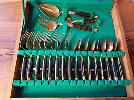 #979 Ruby Jewelry Golden Brass Wood Handle 29 Pc Flatware Set &amp;Wood Box Thailand - $148.45