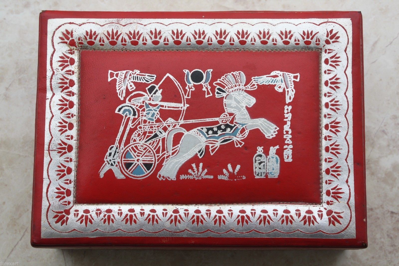 Old Vintage Silver Tooled and Painted Red Leather Jewelry Trinket Box 9" Rare - $47.04