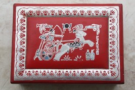 Old Vintage Silver Tooled and Painted Red Leather Jewelry Trinket Box 9&quot; Rare - £35.13 GBP