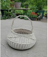 XLG 16&quot; Vintage  WHITE WICKER Porch Flower Basket w Handle. RATTAN.  - $69.78