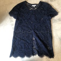 Maurices sz Medium Navy Blue Eyelash Lace Blouse Partial Split Back - Semi Sheer - £14.18 GBP