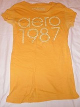JUNIOR SM AEROPOSTALE PRETTY YELLOW BLING AERO 1987 SHIRT TOP SPRING FUN... - $12.86