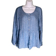 Sigrid Olsen Size Small 100% Linen Top Blue Chambray Button Front Peplum... - $13.49