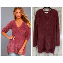 Jack by BB Dakota Pam Medium Mauve Pink Eyelash Sweater Vneck Hi Lo Hem Slits - £23.69 GBP