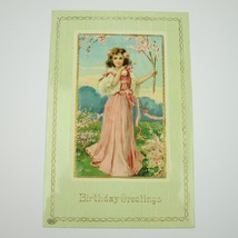 Postcard Birthday Greeting Antique Girl Pink Dress &amp; Flowers Gold Emboss... - £7.96 GBP