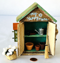 Miniature Dollhouse Garden Potting Shed My Happy Place Birdhouse Tools Flowers - £34.23 GBP