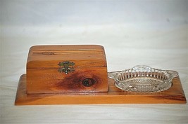 Old Vintage 1950s Wooden Handcrafted Cedar Trinket Box Glass Ashtray Rib... - $29.69
