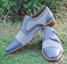 Monk Straps Two Tone Gray Suede Leather Handmade Brogue Cap Toe Natural Color  - £112.51 GBP
