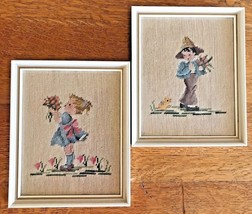 Vintage Completed Set Boy &amp; Girl Needlepoint Professionally Framed Wood ... - $42.99