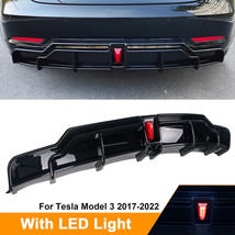 Fit 2017-2023 Tesla Model 3 Rear Bumper Lip Kit W/ LED Light Painted Gloss Black - £140.80 GBP