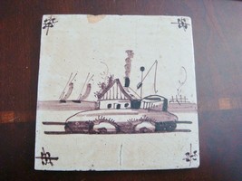 18th century salvaged Delft manganese tile depicting buildings in seashore - $80.18
