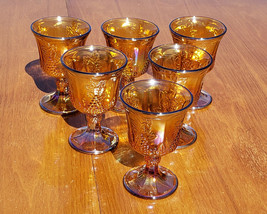 Carnival Glass Indiana ? Amber 6 Glass Set Goblets Harvest Grapes &amp; Leav... - $44.99