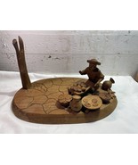 Wooden Carved Scene Kneeling Figure Cooking Flatbread Tortillas Tree Det... - £30.89 GBP