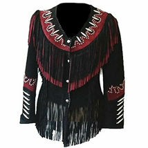 Women Western Wear Cowgirl Black Leather With Pink Fringes &amp; Trim Jacket... - $149.00