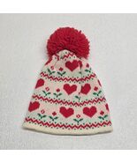 Vintage Smiley Beanie Cap Wool Ski Snow Hat White Red Hearts Pom Pom USA - $449.91 MXN
