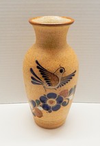 Mexican Folk Art Blue Floral Bird Sandstone Tonala Pottery Vase Unsigned - £36.62 GBP