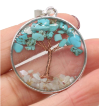 Tree Of Life Turquoise Stone Wire Pendant On 18&quot; Silver Rolo Chain Necklace 740 - £8.72 GBP